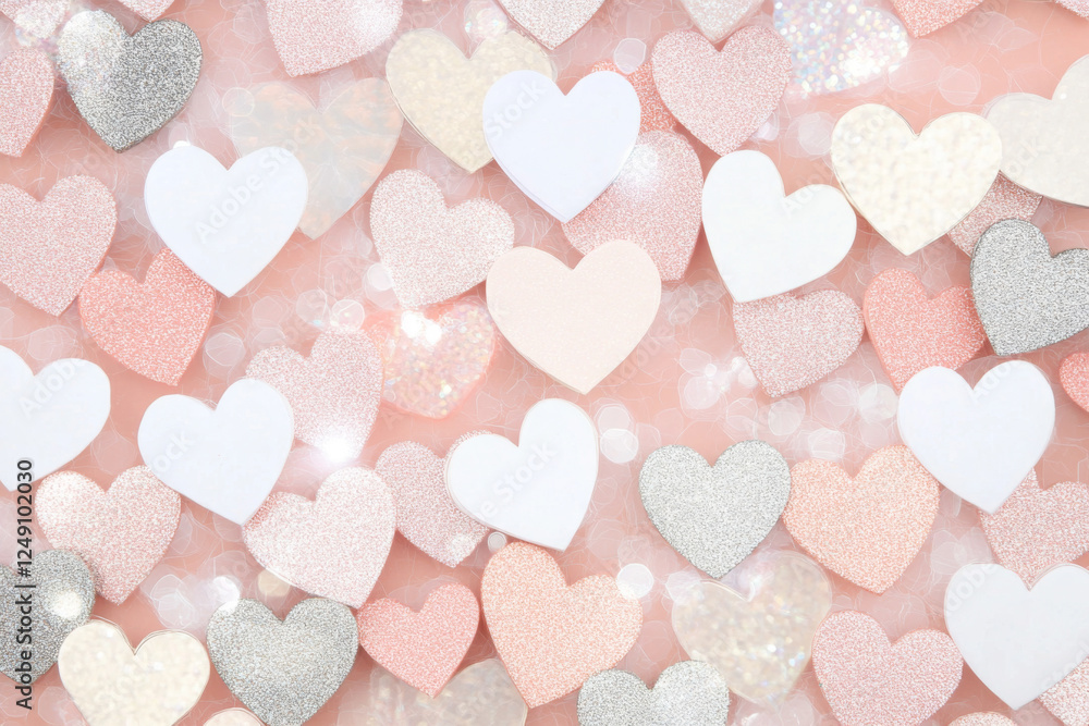 Fototapeta premium St Valentines day themed background with pink crystal hearts, copy space