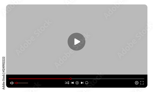Video player template interface: blank mockup for a video player web UI design. Stock vector suitable for showcasing multimedia player templates on websites.