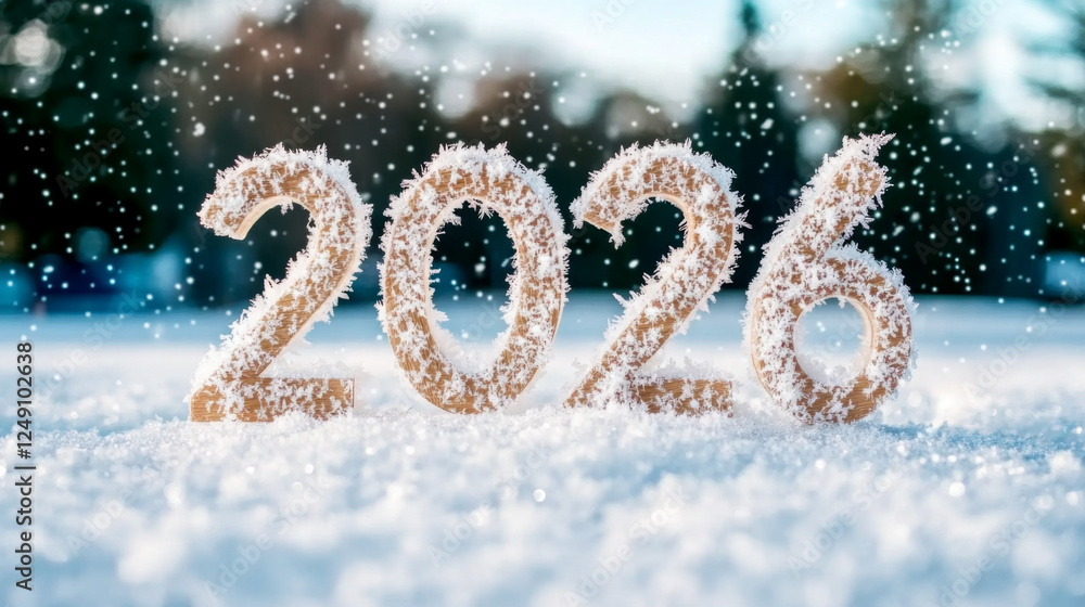New year 2026 numbers in snow with bokeh lights, holiday and winter theme New year 2026 numbers in snow with bokeh lights, holiday and winter theme