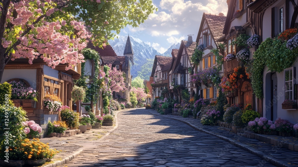 Fototapeta premium A picturesque village with cobblestone streets, blooming flower boxes, and a peaceful atmosphere 