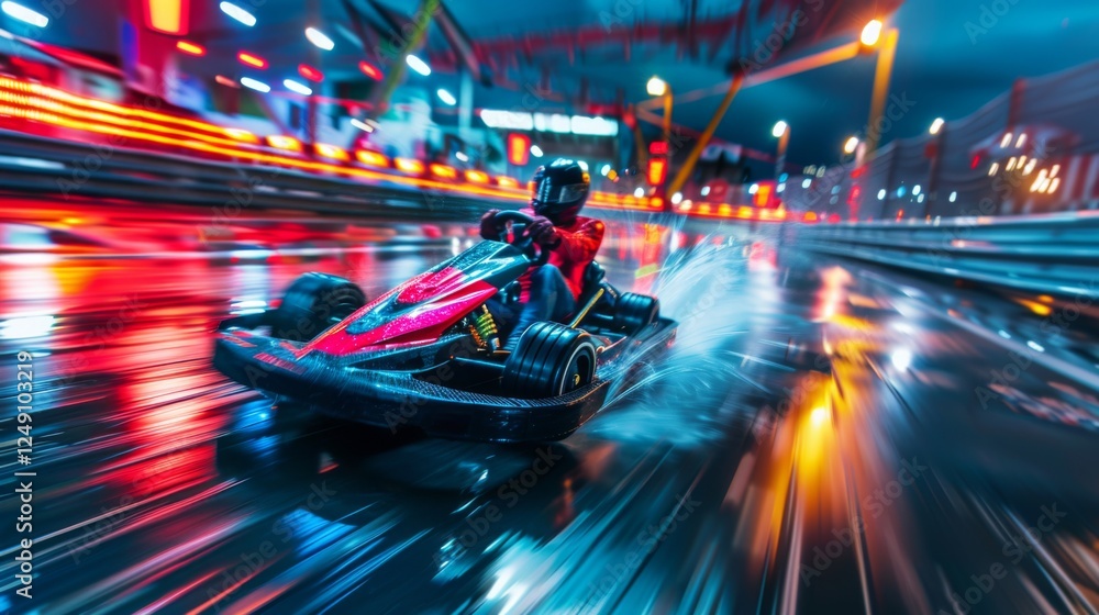 A racer skillfully maneuvers a go kart on a slick, wet track surrounded by colorful lights and reflections at night in a lively city atmosphere. A racer skillfully maneuvers a go kart on a slick, wet track surrounded by colorful lights and reflections at night in a lively city atmosphere.