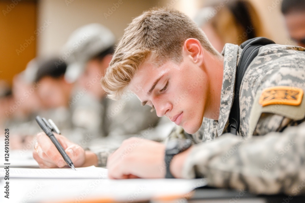 A group of military cadets studying a defense strategy module A group of military cadets studying a defense strategy module