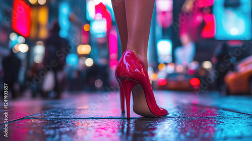 Wallpaper Mural Close-up of female legs in red patent leather high-heeled shoes on a city evening street, with blurry lights and cars. An atmosphere of feminism, female strength and confidence in one's beauty. Torontodigital.ca