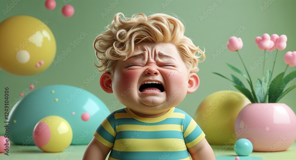 Toddler chubby Caucasian boy crying curly blond hair striped t shirt on messy playroom background 3d illustration Toddler chubby Caucasian boy crying curly blond hair striped t shirt on messy playroom background 3d illustration