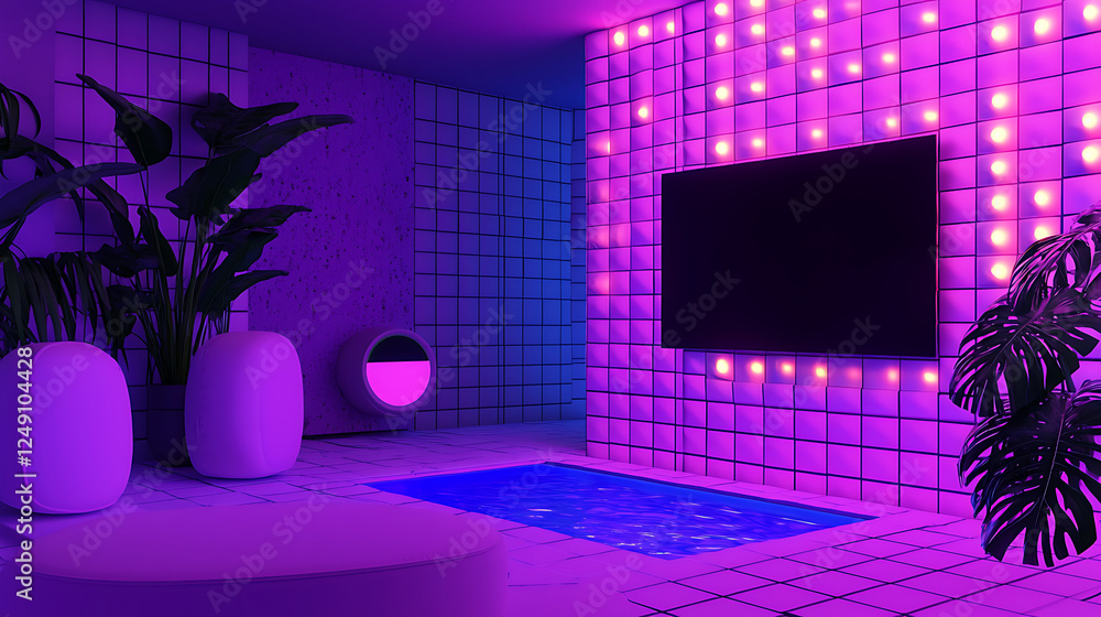 Neon-lit indoor pool, plants, relaxation Neon-lit indoor pool, plants, relaxation