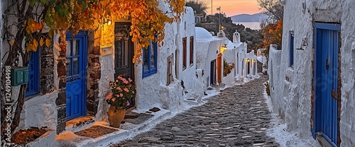 Greek village alleyway at sunset photo