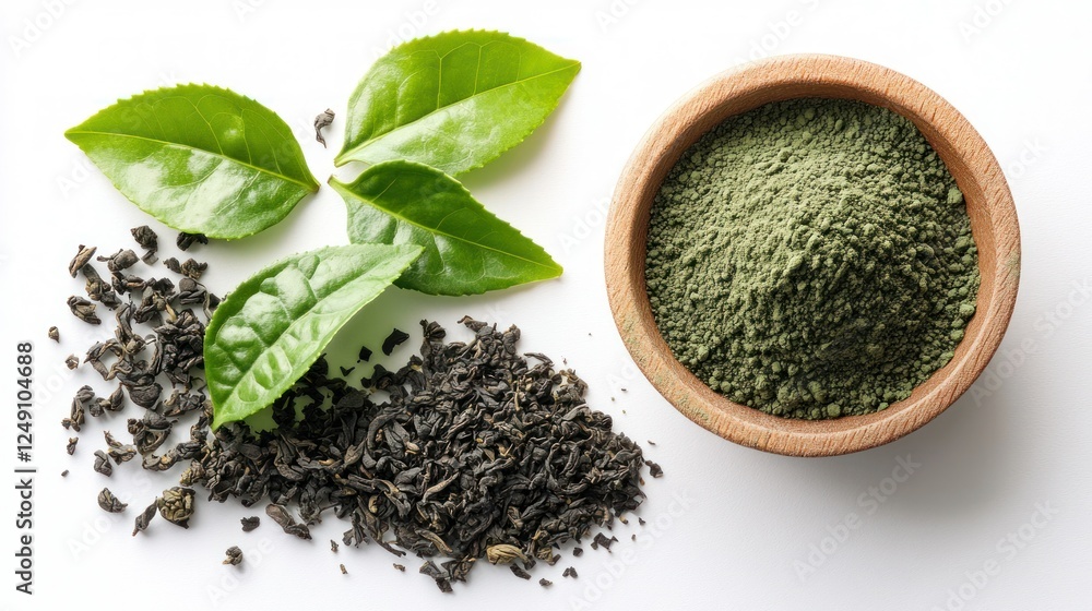 Green tea leaves, powder, and loose leaf on white Green tea leaves, powder, and loose leaf on white