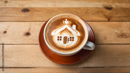 Welcome home. Coffee latte art with house pattern.
