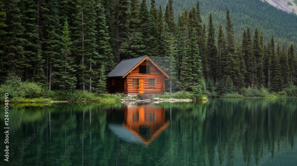 Fototapeta premium Charming wooden cabin nestled along a tranquil lake, surrounded by a dense evergreen forest reflecting serenely in calm waters, creating a picturesque scene of peaceful solitude