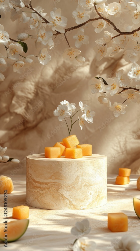 Elegant Still Life of Fresh Melon Cubes with Blossoming Flowers Elegant Still Life of Fresh Melon Cubes with Blossoming Flowers