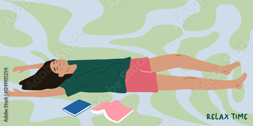 Relaxing at home, leisure time. Female enjoying recreation and selftime. Relaxed domestic girl is lying on the floor with books. Time for yourself. Modern flat colorful vector illustration