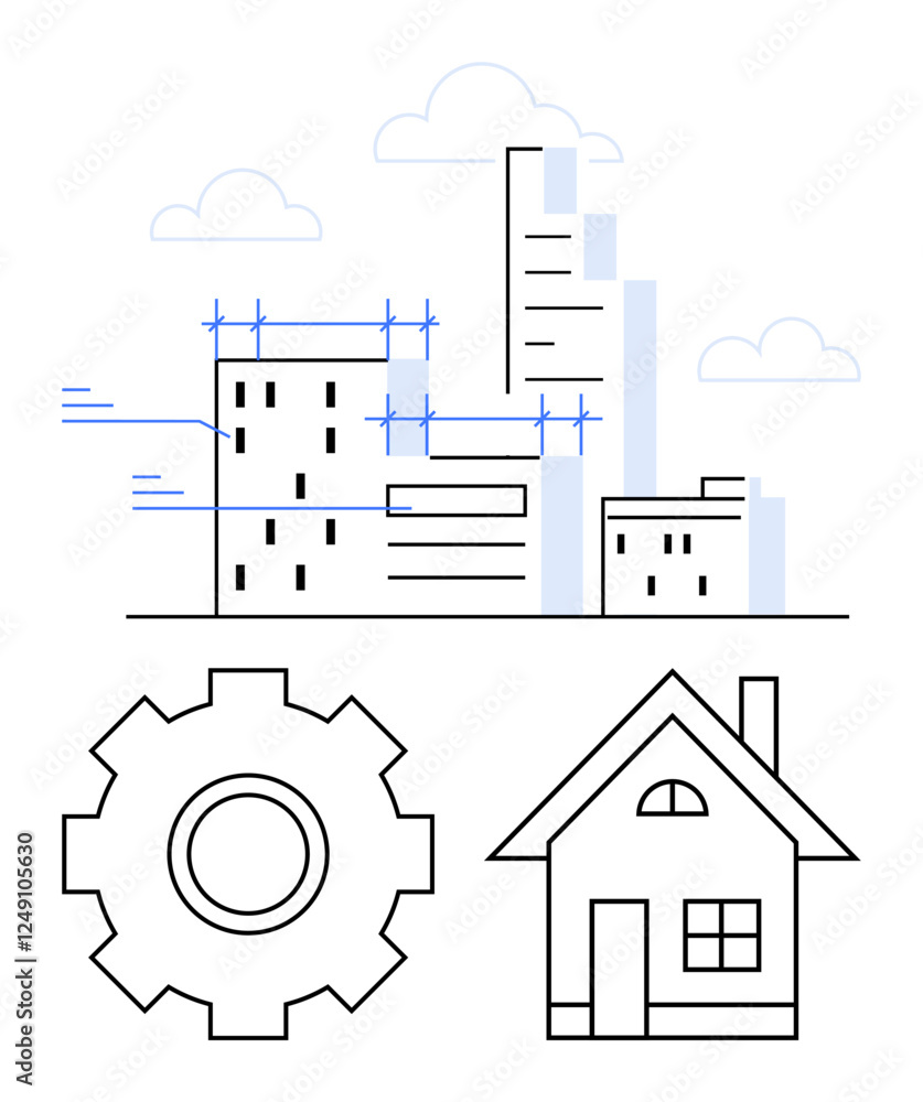 Urban skyline with blueprint details, gear symbol, and house icon suggesting construction, architecture, planning, and development. Ideal for urbanism, design, real estate innovations engineering Urban skyline with blueprint details, gear symbol, and house icon suggesting construction, architecture, planning, and development. Ideal for urbanism, design, real estate innovations engineering