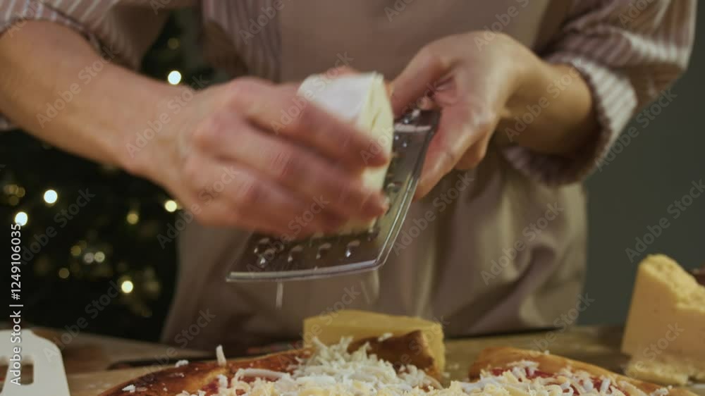 Baker, who is cooking pizza with tomatoes, grates Buffalo mozzarella on coarse grater to emphasize the cheesy taste of this classic Italian dish. Baker, who is cooking pizza with tomatoes, grates Buffalo mozzarella on coarse grater to emphasize the cheesy taste of this classic Italian dish.