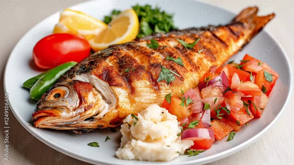 Dish of grilled fresh fish with a side dish and fresh vegetables. Dish of grilled fresh fish with a side dish and fresh vegetables.