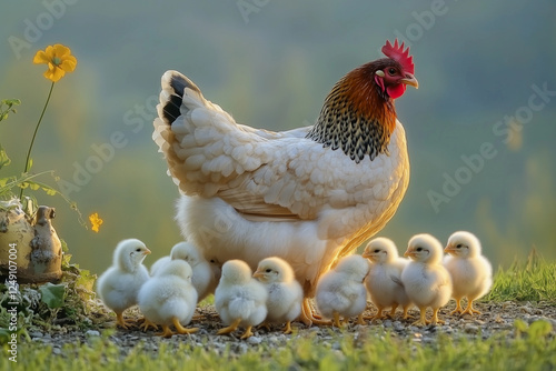 Mother hen guides her fluffy chicks through a serene landscape during the early morning light near a blooming flower patch photo