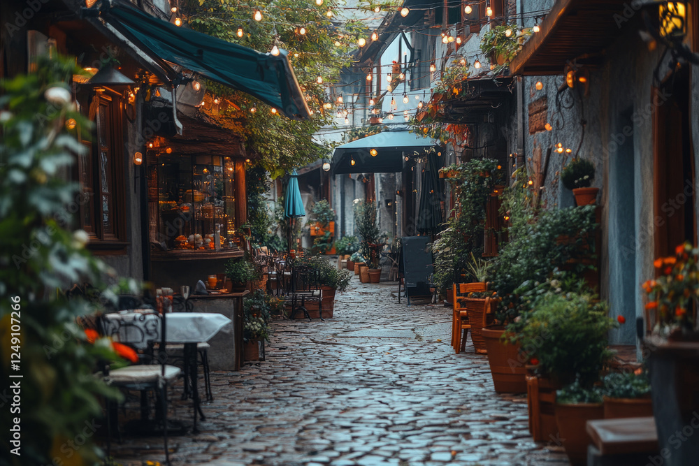 Naklejka premium Cozy atmosphere in a narrow european alley with restaurants, string lights, and potted plants creating a charming ambiance