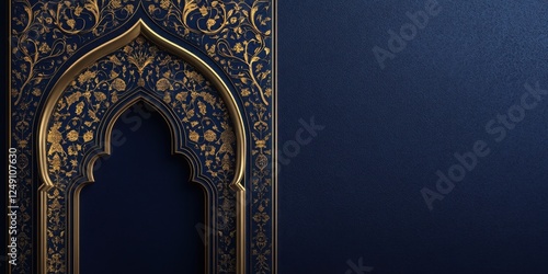 Elegant Gold and Navy Blue Islamic Archway with Intricate Floral Design Background