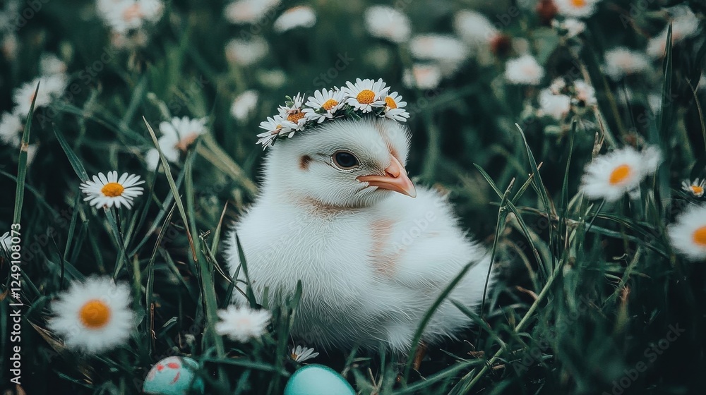 Obraz premium Chick with Daisy Crown in Spring Meadow