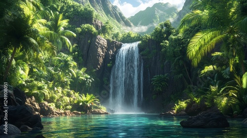 A tropical rainforest scene with a waterfall cascading into a clear pool, surrounded by lush greenery 