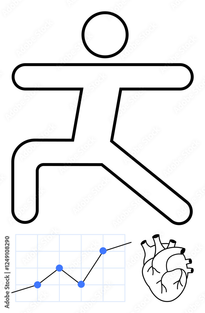 Simplistic human figure in motion with a line graph and anatomical heart, signifying exercise, health trends, and vitality. Ideal for fitness, wellness, healthcare, data, progress cardio abstract Simplistic human figure in motion with a line graph and anatomical heart, signifying exercise, health trends, and vitality. Ideal for fitness, wellness, healthcare, data, progress cardio abstract