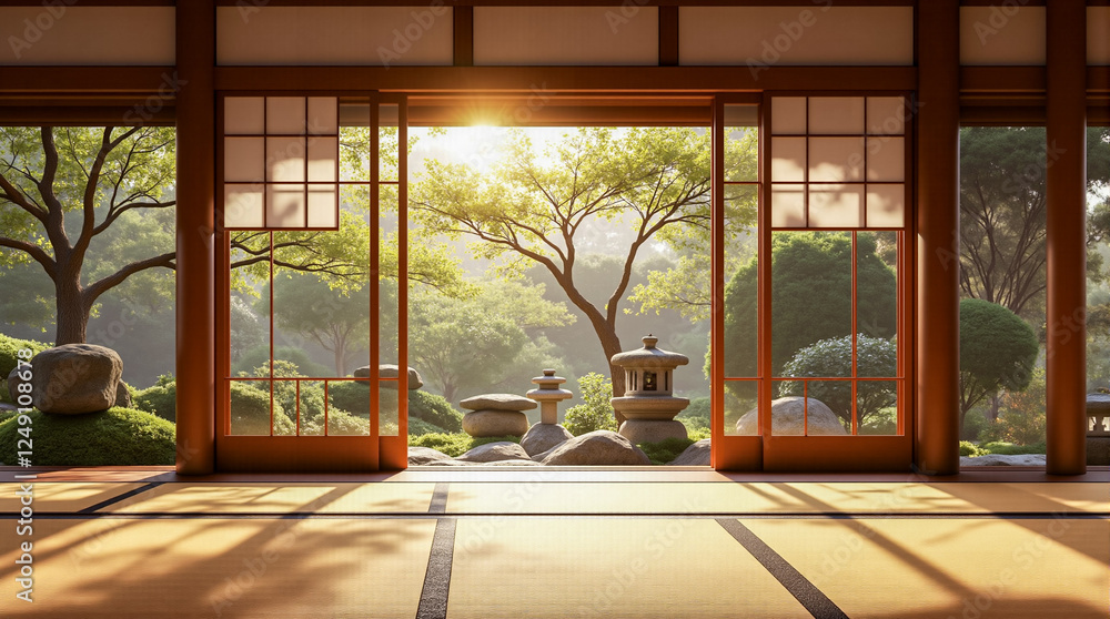 Fototapeta premium Traditional Japanese Room with Tatami Mats and View of Zen Garden