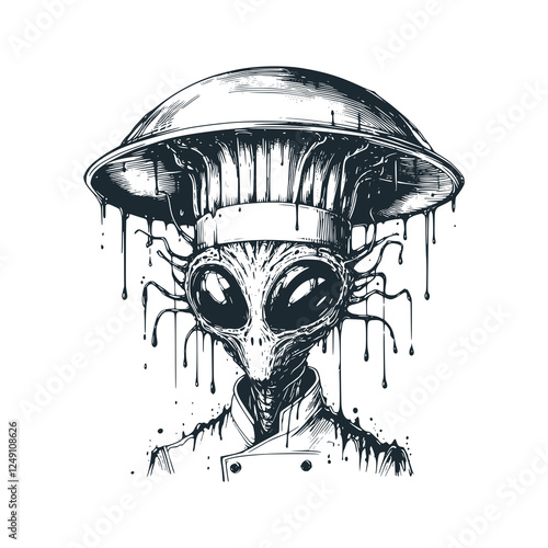 Alien chef hat frying pan upside down. Black white vector illustration.