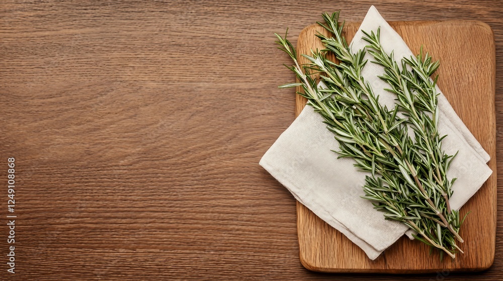 Fresh Rosemary Sprigs on Wooden Cutting Board with Cloth Napkin Fresh Rosemary Sprigs on Wooden Cutting Board with Cloth Napkin