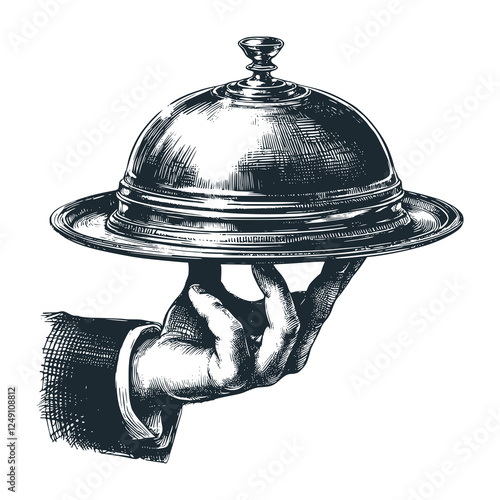 Left hand carries food offerings. Black white vector illustration.