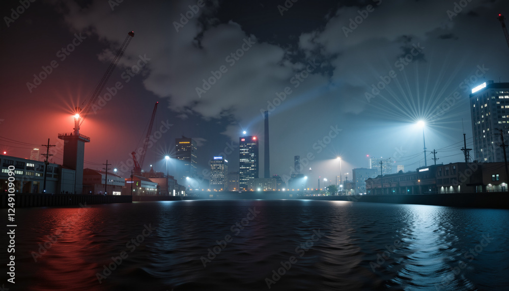 Eerie factory illuminated by city lights at night, industrial atmosphere Eerie factory illuminated by city lights at night, industrial atmosphere