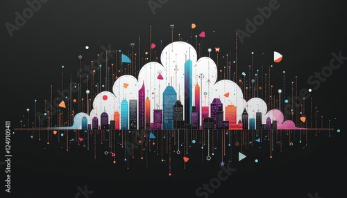 Vibrant Digital Artwork: Abstract City Skyscraper Composition Against a Black Background photo