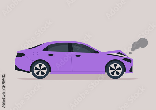 A sedan involved in a minor fender bender accident during a busy afternoon commute creating a moment of chaos on a city street