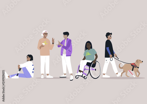 A vibrant gathering showcases five individuals with disabilities enjoying various pursuits, celebrating inclusivity and friendship in an urban setting while sharing smiles and experiences
