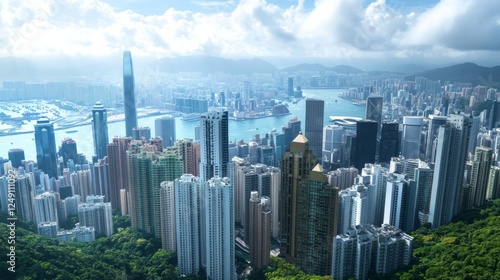 Wallpaper Mural Panoramic view of a vibrant city skyline with skyscrapers, harbor, and lush green hills under a partly cloudy sky. Torontodigital.ca