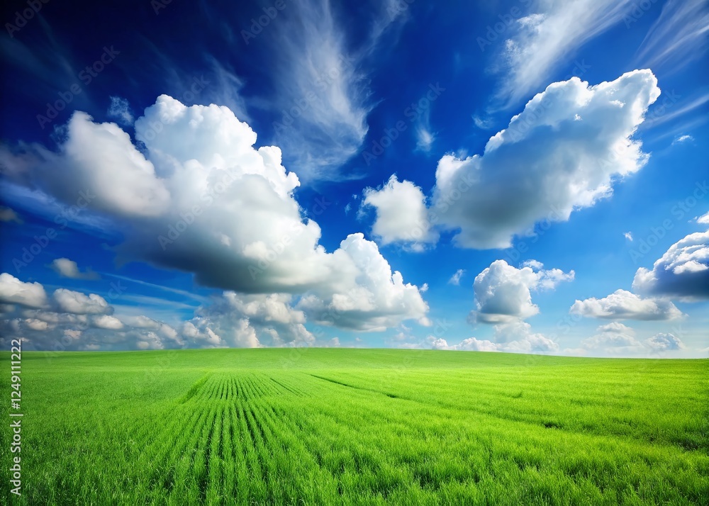 Minimalist Green Grass Field, Blue Sky, Cloudscape - Nature Stock Photo Minimalist Green Grass Field, Blue Sky, Cloudscape - Nature Stock Photo
