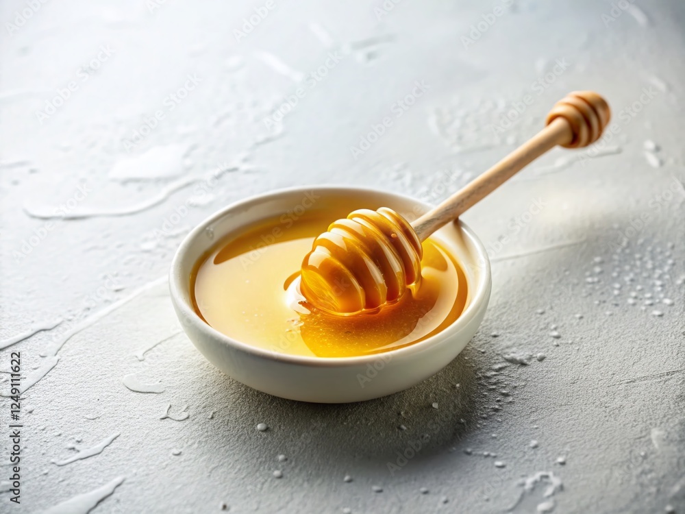Minimalist Honey Dish: Golden Drizzle on White Background Minimalist Honey Dish: Golden Drizzle on White Background