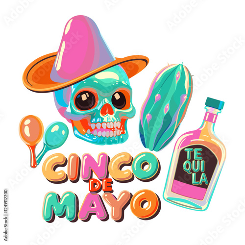 Cinco de Mayo. 5-th of May, Mexican national holiday. Vector set isolated on white background. Skull in sombrero, maracas, cactus and bottle of tequila
