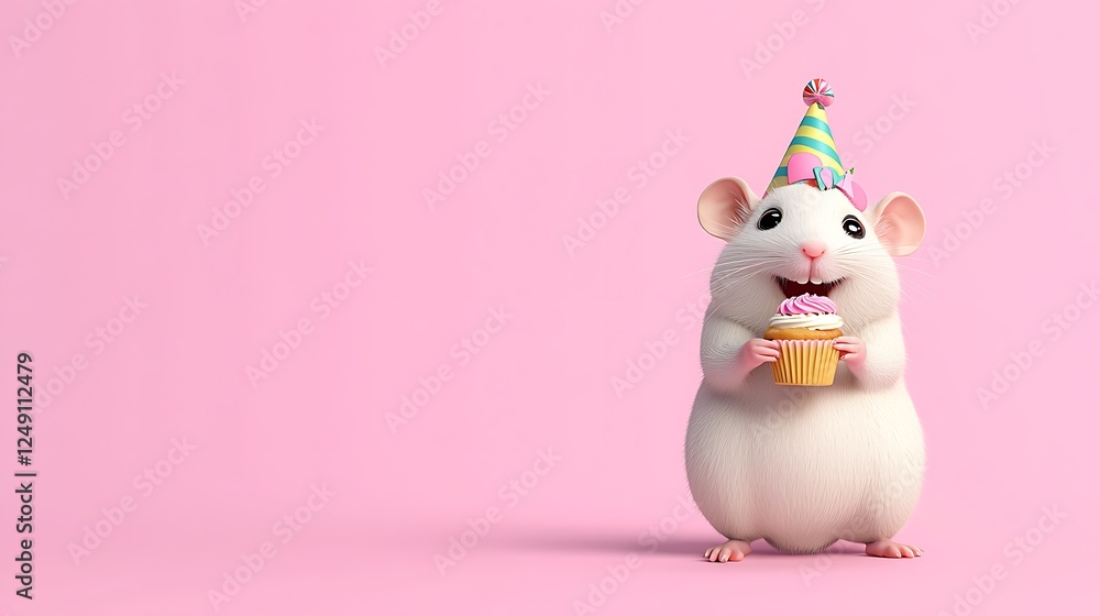 Adorable Hamster's Birthday Treat: 3D Render on Pink Background AI Generated Adorable Hamster's Birthday Treat: 3D Render on Pink Background AI Generated