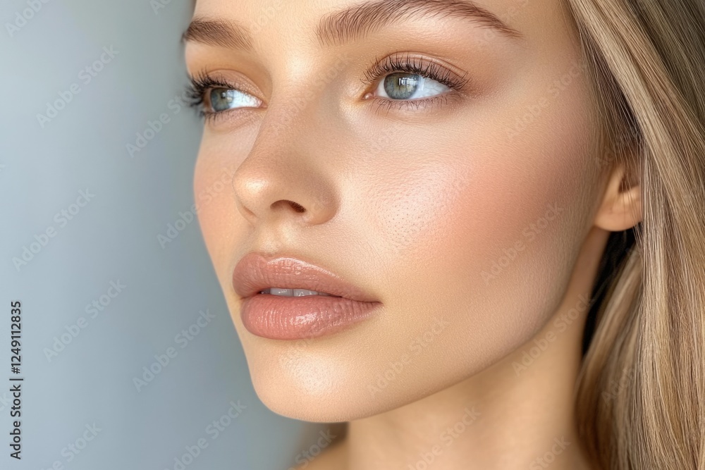 Fototapeta premium Woman gazing thoughtfully with natural makeup and glowing skin