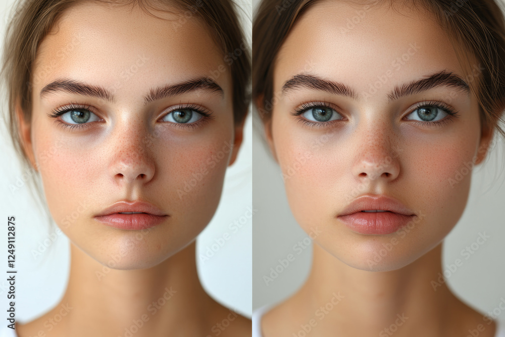 Two women with clear skin and striking features, side by side Two women with clear skin and striking features, side by side