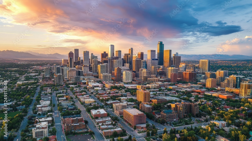 Fototapeta premium Aerial view of a city skyline at sunset, showcasing skyscrapers, residential areas, and mountain backdrop.