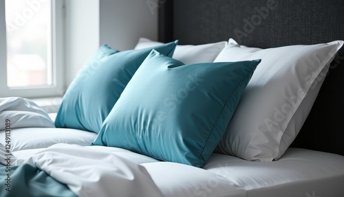 Teal Pillows and White Sheets Against a LightFlooded Wall photo