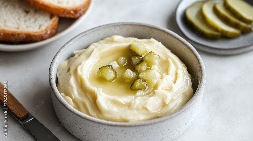 Creamy mashed potatoes with pickles in grey ceramic bowl on white background. Pickle Food Creamy mashed potatoes with pickles in grey ceramic bowl on white background. Pickle Food