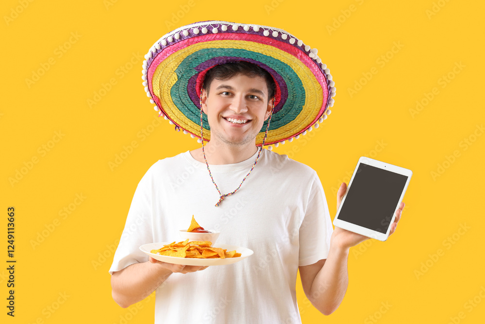 Young man in sombrero, with tasty nachos and tablet computer on yellow background Young man in sombrero, with tasty nachos and tablet computer on yellow background