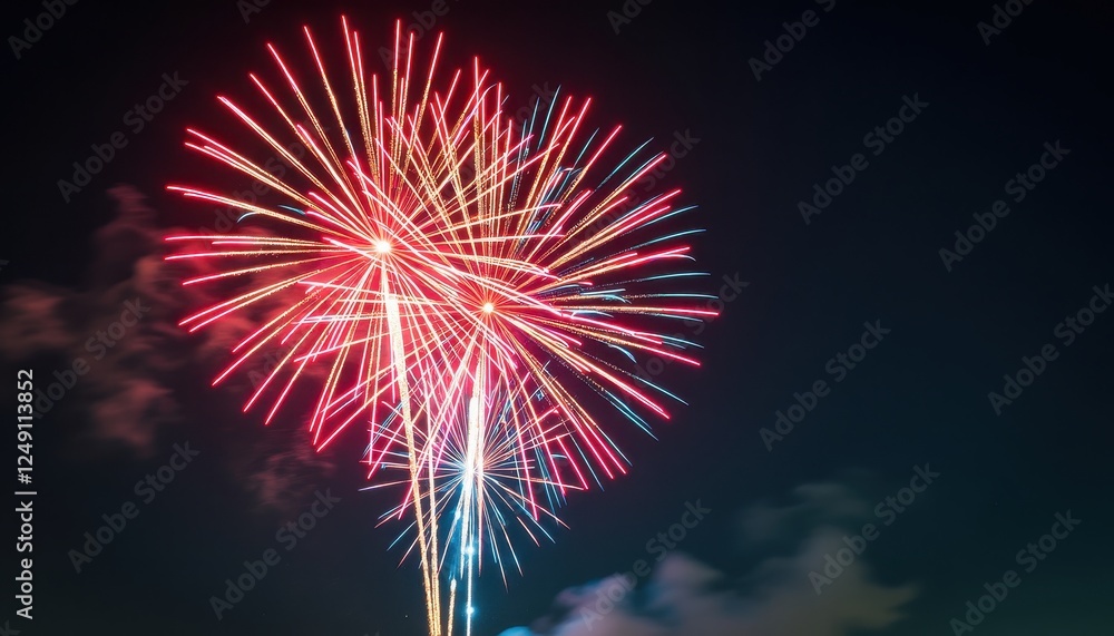 Vibrant Night Sky Fireworks Display Against City Lights: Red, White, and Blue Embrace Darkness Vibrant Night Sky Fireworks Display Against City Lights: Red, White, and Blue Embrace Darkness