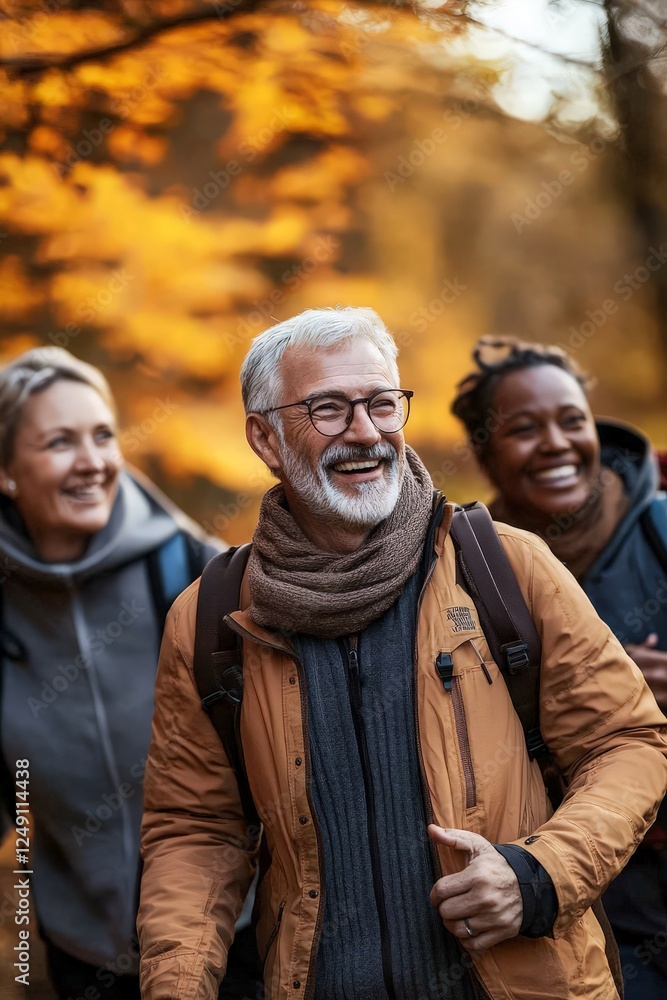 Retired Friends Enjoying Autumn Hike Retired Friends Enjoying Autumn Hike
