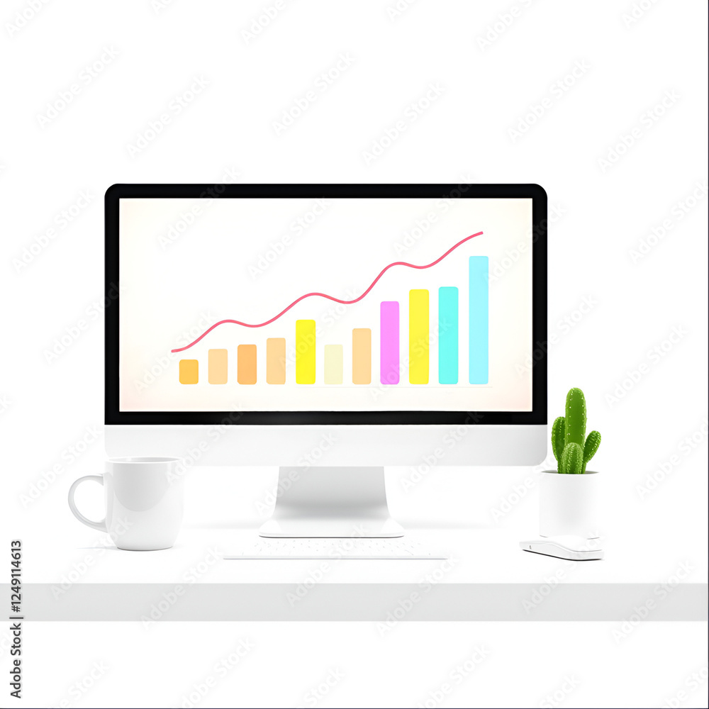 3D Cartoon Minimalist Workspace with Computer and Graph Display 3D Cartoon Minimalist Workspace with Computer and Graph Display