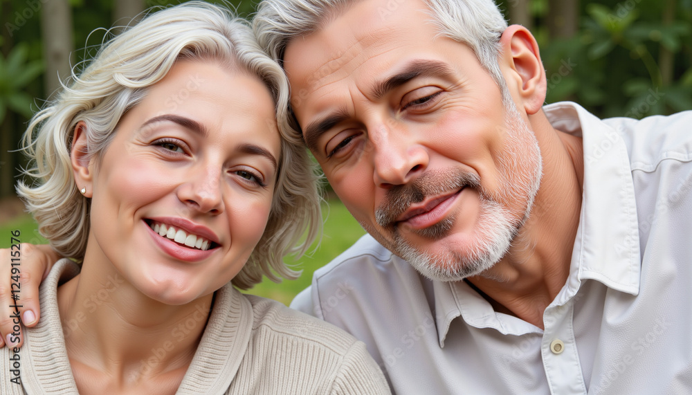 Elderly couple smiling together in nature, collective joy