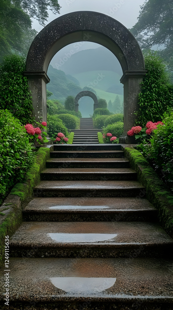Naklejka premium Stone Steps Leading To Archway In Garden Under Mist