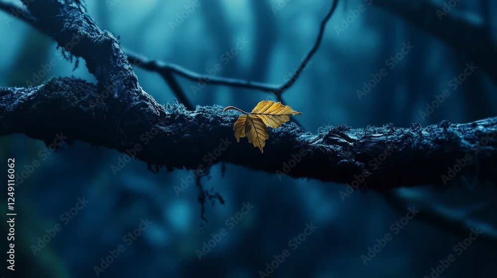 Single Golden Leaf on Dark Branch in a Mysterious Forest Setting Single Golden Leaf on Dark Branch in a Mysterious Forest Setting