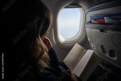 Young woman reading a book in an airplane besides the window. stock photo